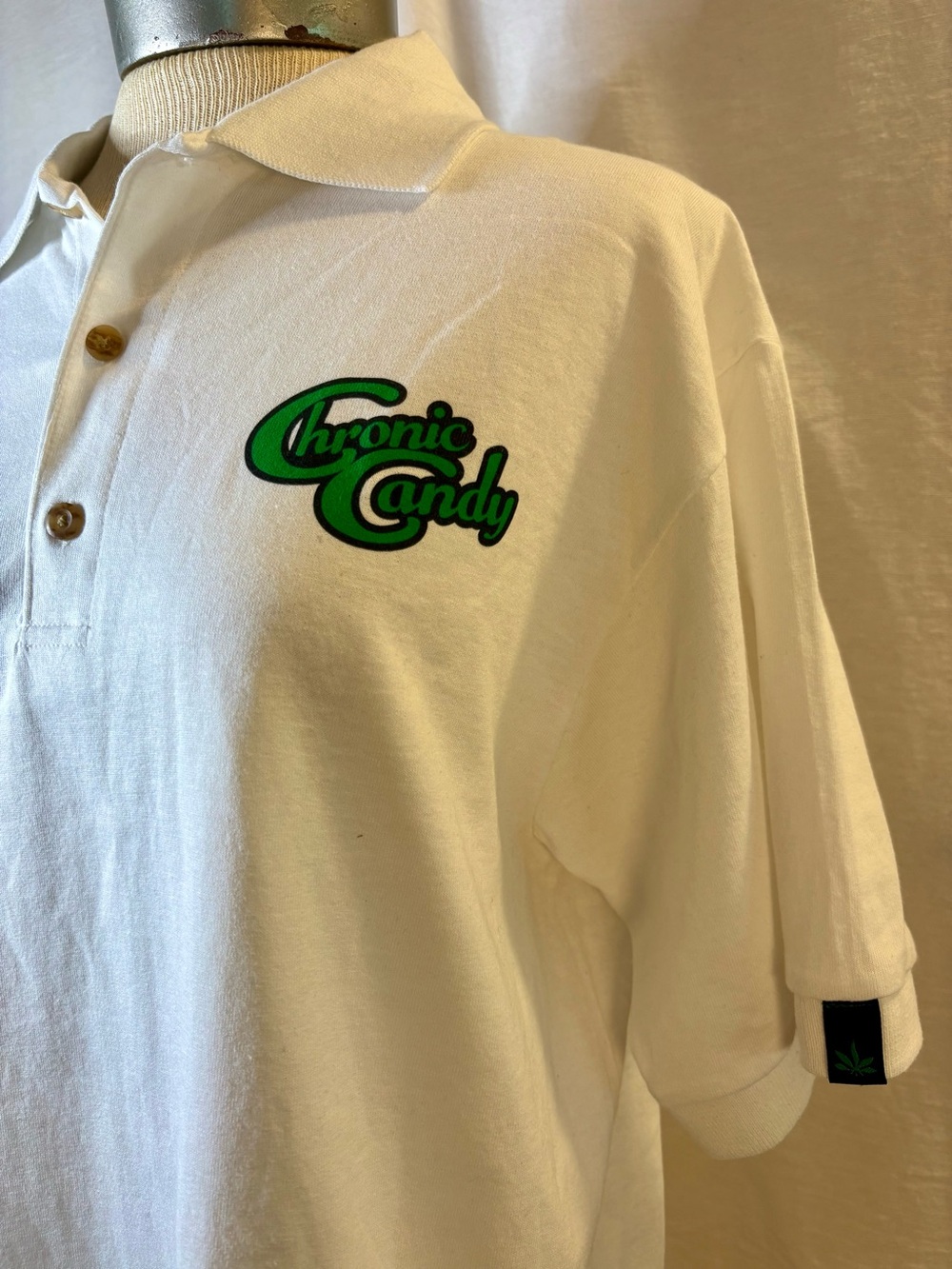 Chronic Candy Cannabis Polo Shirt White Green Logo Gildan DryBlend Size M NWOT
